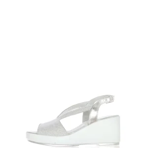 Sandalo in tessuto glitter argento con zeppa alta Soffce Sogno