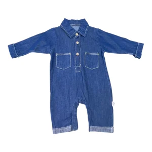 Tutina Neonato in Cotone/Denim Con Taschini sul Davanti