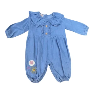 Tutina Neonata in Cotone/Denim con Fiorellini ricamati e Colletto Ampio