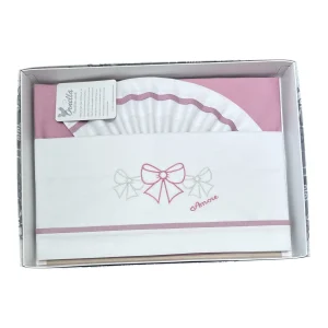 Ornella Coordinato Carrozzina 100% Cotone Tre Fiocchi Ricamo Lenzuola Sopra Sotto e Federa