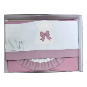 Ornella Coordinato Carrozzina 100% Cotone Ricamo Orso Fiocco Lenzuola Sopra Sotto e Federa