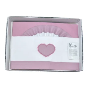 Ornella Coordinato Carrozzina 100% Cotone Ricamo Cuore Lenzuola Sopra Sotto e Federa