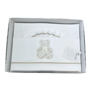 Ornella Coordinato Carrozzina 100% Cotone Orso in Pizzo Lenzuola Sopra Sotto e Federa