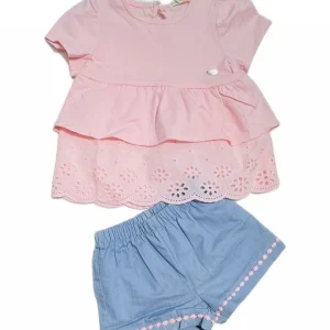 Completo Neonata Blusa in Cotone e Pizzo San Gallo con Short in Cotone