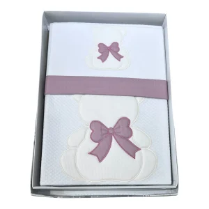 Ornella Coordinato Passeggino Orso Fiocco Copertina più Lenzuola Sopra Sotto e Federa 100% Cotone