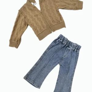 Completo Tre Pezzi Neonata Cardigan Maglia Jeans Zampa Invernale