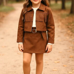 Melany Rose Completo Texas in Camoscio Con Frange per Bambina