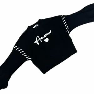 Pullover Lana Rasata con Maniche a Sbuffo Con Ricamo Amour Da Bambina