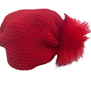 Turbante Rosso in lana Mordida con Pom Pon in Pelliccia Da Neonata