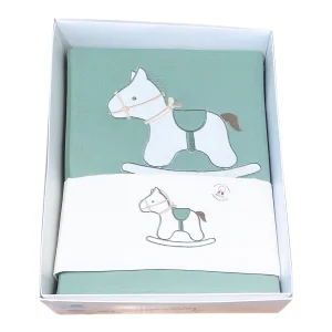 Tenerotti Coordinato Passeggino Lenzuola e Copertina in Cotone Nascita Con Ricamo Cavallo a Dondolo Verde Salvia