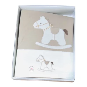 Tenerotti Coordinato Passeggino Lenzuola e Copertina in Cotone Nascita Con Ricamo Cavallo a Dondolo Beige