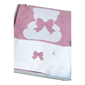 Tenerotti Coordinato Passeggino Lenzuola e Copertina in Cotone Nascita Con Ricamo Orsetto con Fiocco