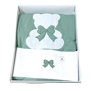 Tenerotti Coordinato Passeggino Lenzuola e Copertina in Cotone Nascita Con Ricamo Orsetto con Fiocco