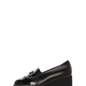 Mocassino in pelle e vernice nero con zeppa media Soffice Sogno