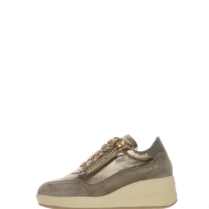 Sneakers in pelle e camoscio tortora con lacci e cerniera Melluso