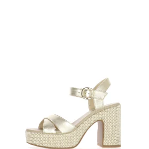 Sandalo Donna in Pelle laminata platino con tacco e cinturino a caviglia Nero Giardini