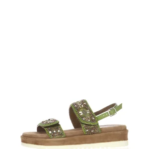 Sandalo etnico verde e taupe due fasce regolabili Cinzia Soft