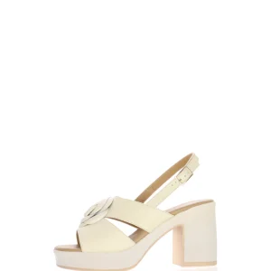 Sandalo in pelle beige con accessorio fiore tacco largo Soffice Sogno