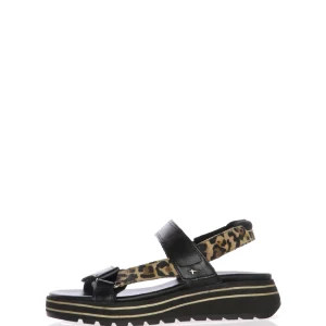 Sandalo in pelle nero con maculato zeppa bassa Tamaris