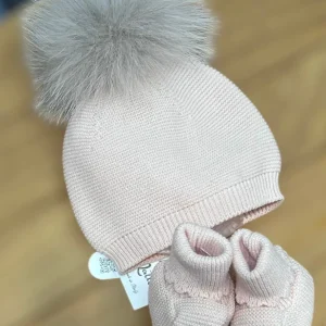 Pappa e Latte Cappello e Scarpine m.Lana con PomPon in Pelliccia Da Corredino