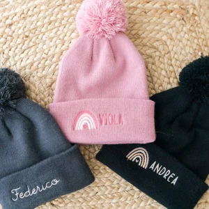 Berretto Bambino pon pon ricamato