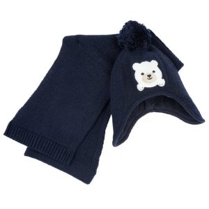 SCIARPA CON RICAMO ORSO E CAPPELLO CON PONPON BLU- Chicco